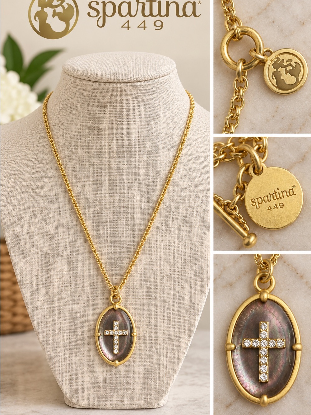 Spartina 449 Gold Oval Pendant Necklace with Iridescent Shell and Crystal Cross